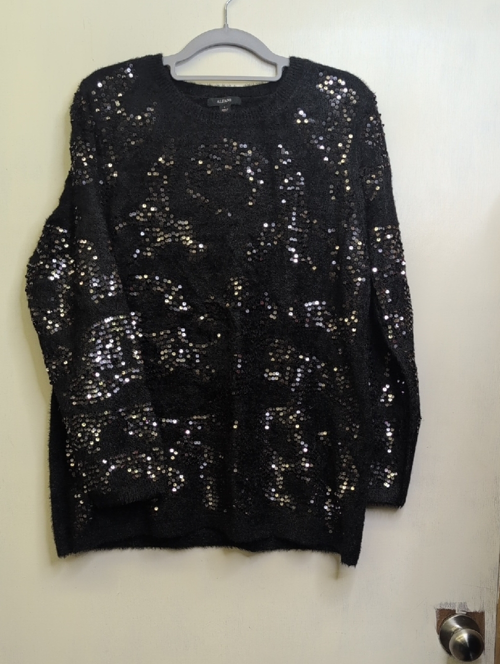 Alfani Black Sequin Crewneck Sweater Large